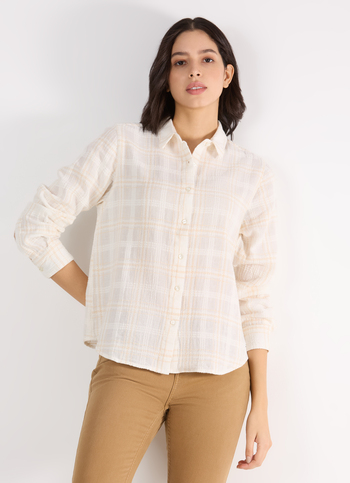 Women Beige Check Textured Regular Full Sleeve Shirt