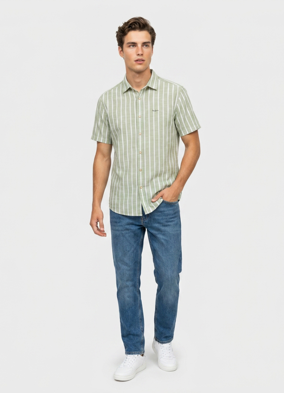 Men Green Striped Cotton Slub Short Sleeve Shirt, , large image number 5