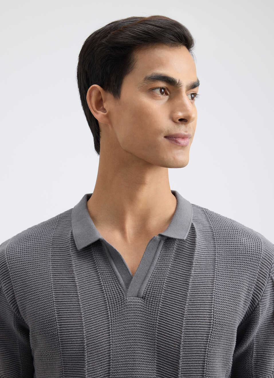 Men Grey Johnny Neck Short Sleeve Flat Knit Polo, , large image number 3