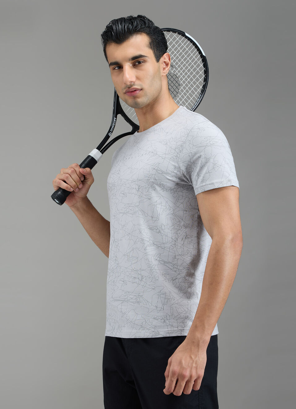 Men Grey Abstract Print Slim Fit T-shirt, , large image number 3