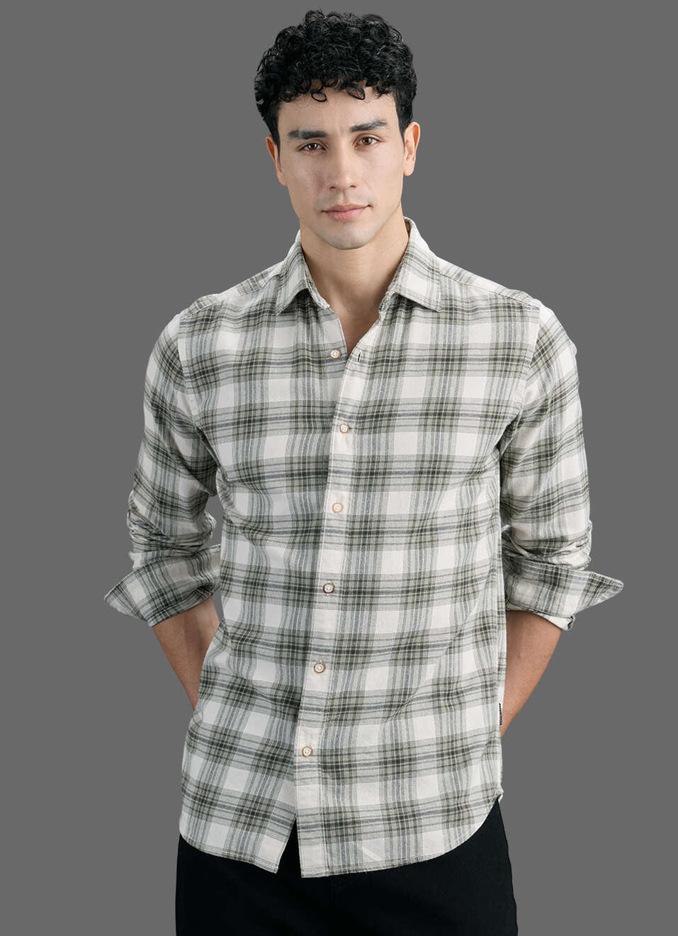 Men Olive Green Checked Brushed Twill Long Sleeve Shirt, , large image number 5