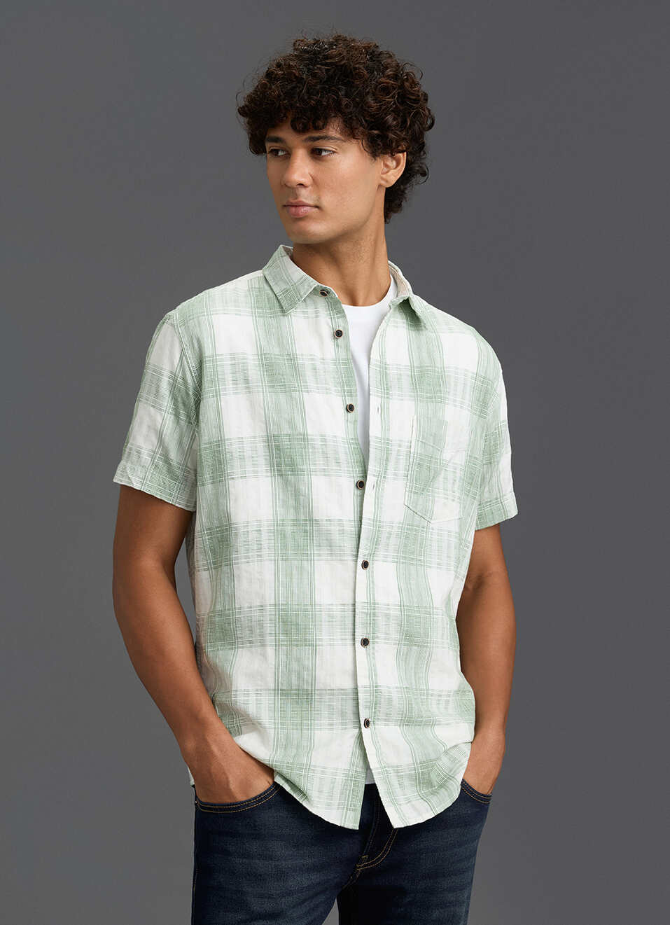 Men Olive Green Checked Regular Fit Short Sleeve Shirt, , large image number 7