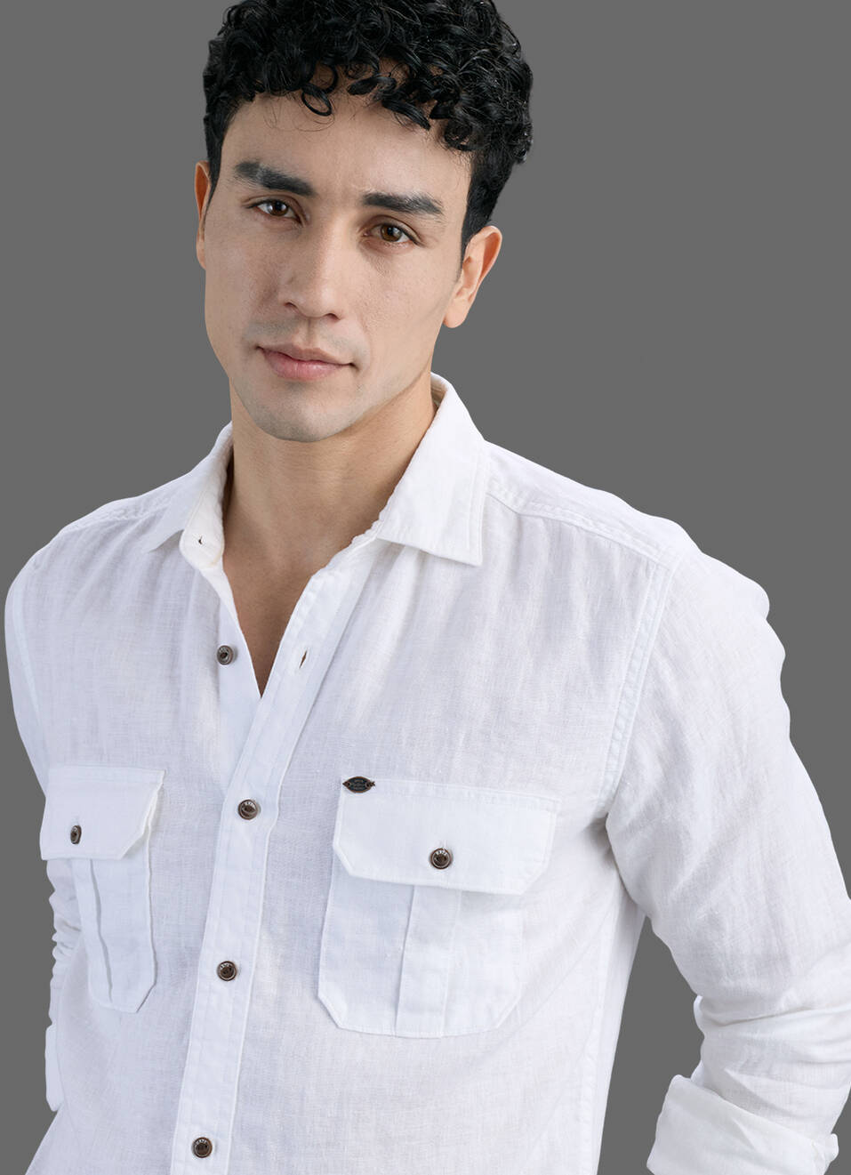 Men White Solid Pure Linen Safari Long Sleeve Shirt, , large image number 4
