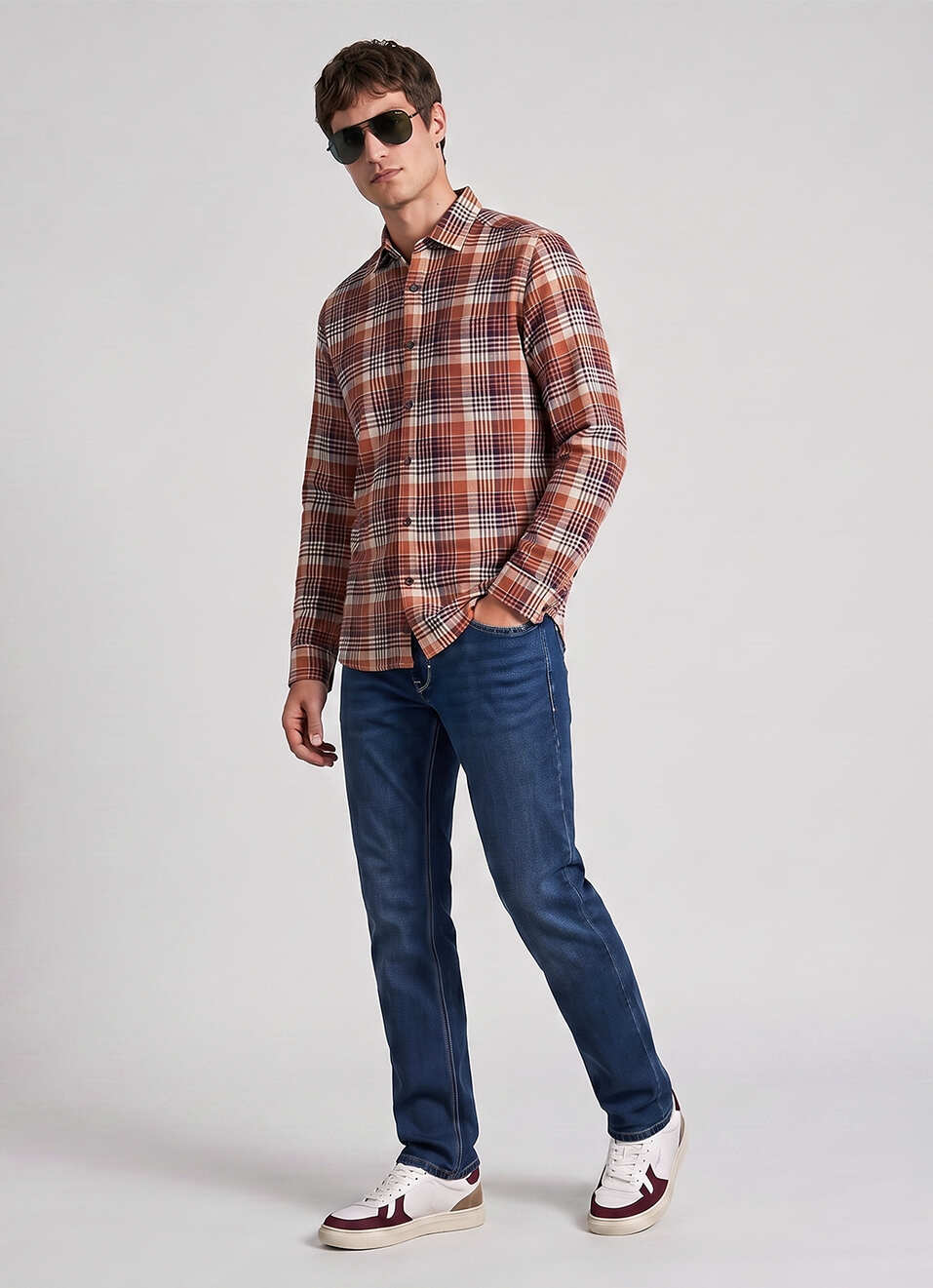 Men Brown Checked Brushed Long Sleeve Shirt, , large image number 5