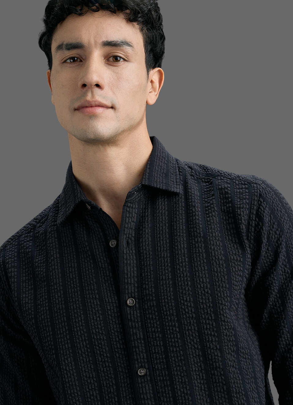 Men Black Striped Seersucker Long Sleeve Shirt, , large image number 4