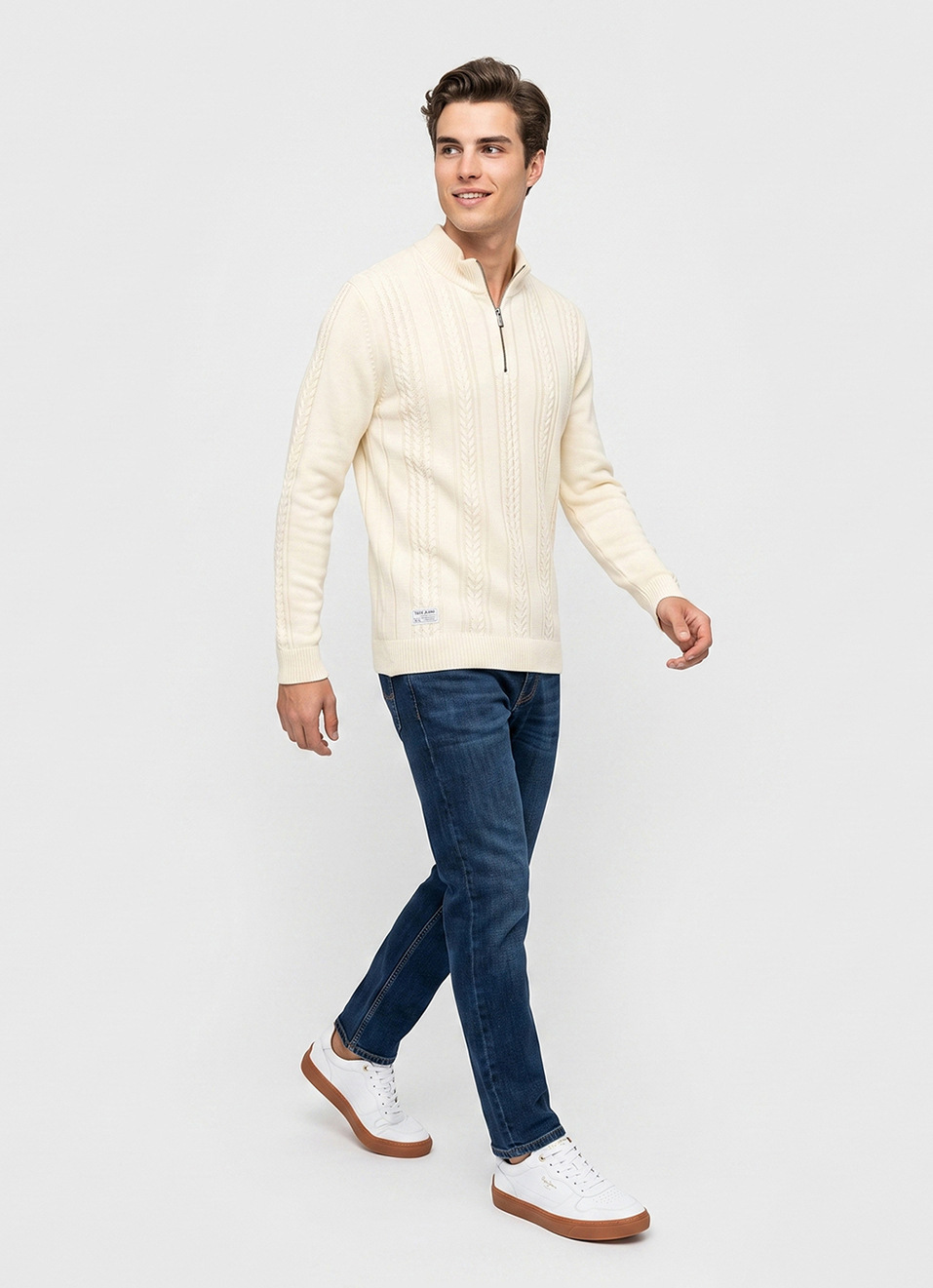 Men Off White Embroidered Full Sleeve Flat Knit Sweater, , large image number 5