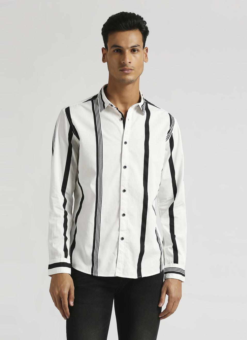 White Narrow Stripes Twill Long Sleeve Shirt, , large image number 1