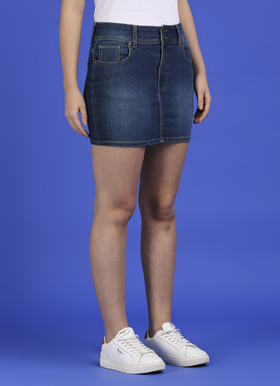Dark Blue Mid Waist Mini Denim Skirt, , large image number 3