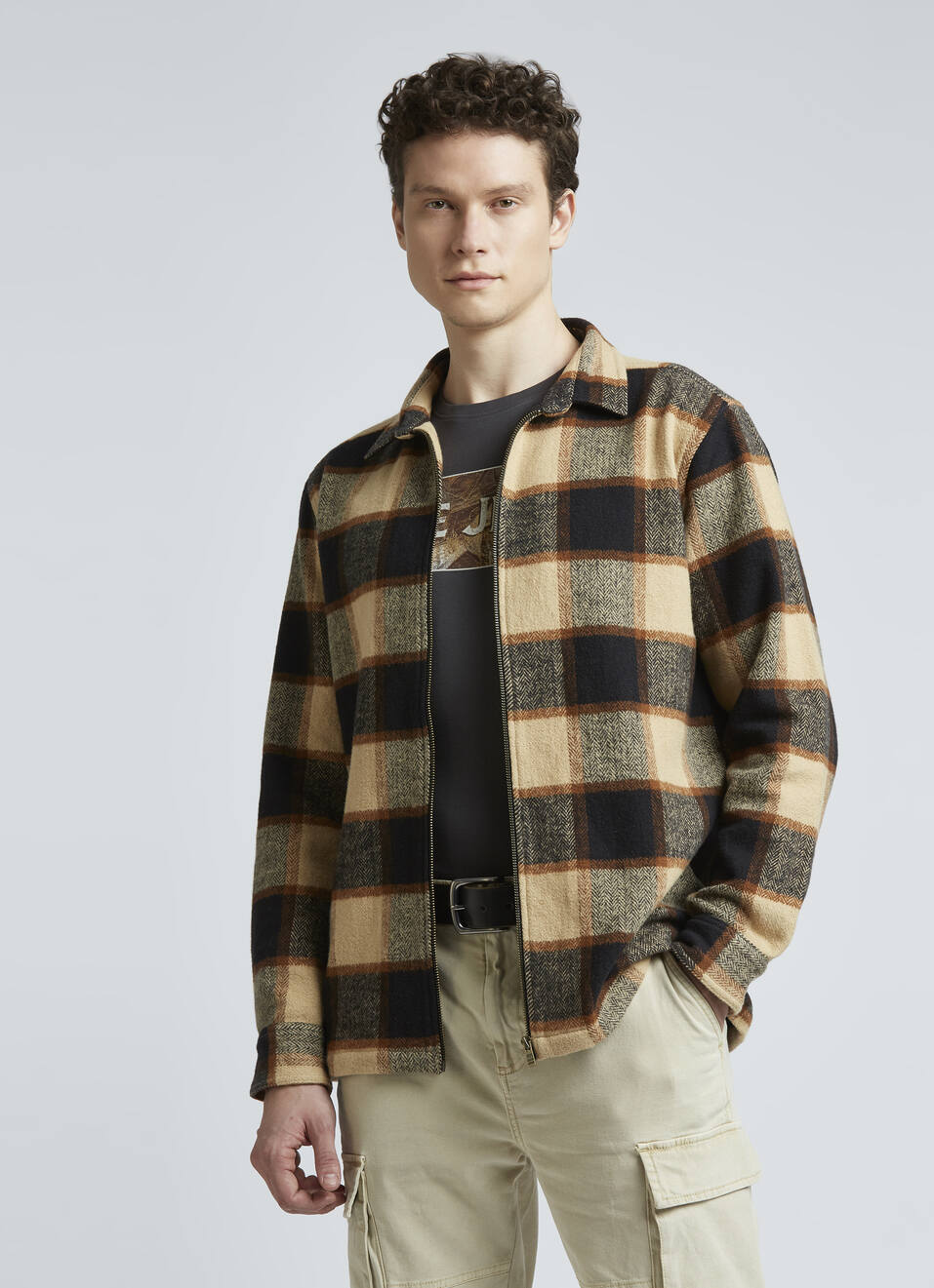Brown Checks Full Sleeve Zipper Oversized Shirt, , large image number 0