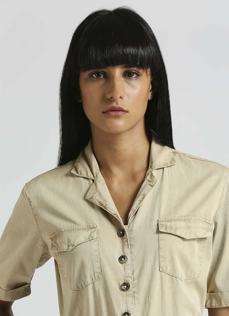 Beige Lapel Collar Short Sleeve Jumpsuit, , large image number 4