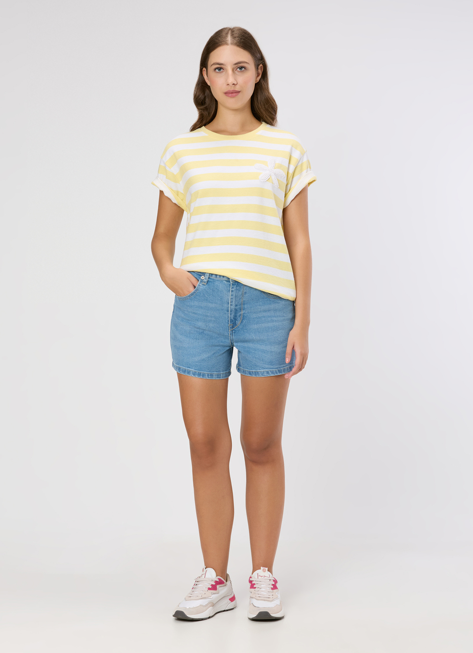 Women Yellow Striped Crochet Patch T-shirt, , large image number 5