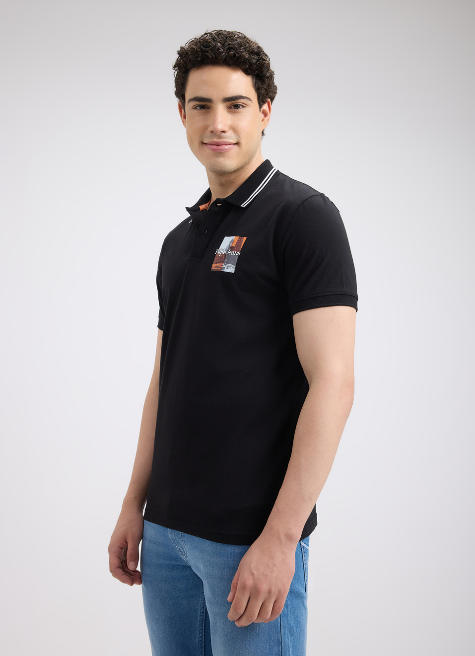 Men Black Photographic Print Short Sleeve Stretch Polo, , large image number 3