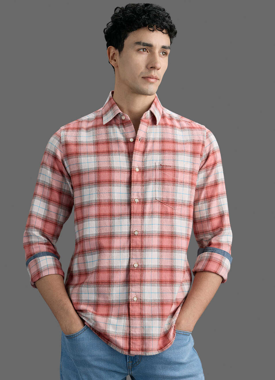 Men Red Checked Brushed Long Sleeve Shirt, , large image number 0