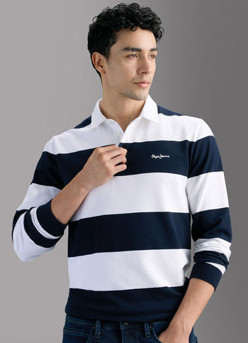 Men Navy Rugby Striped Polo T-shirt