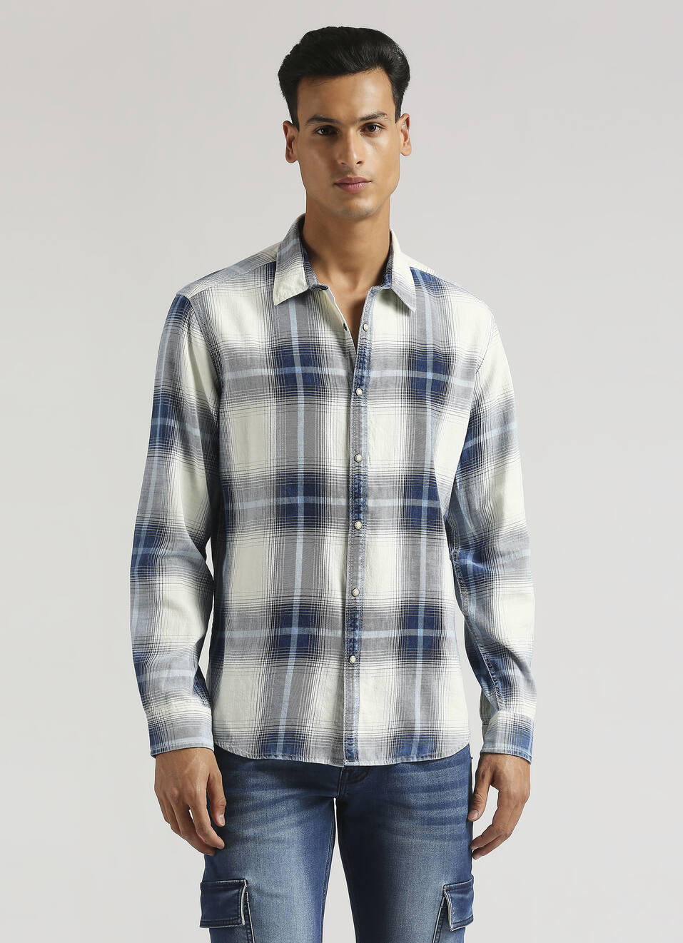 Yarn Dyed Indigo Checks Long Sleeve Shirt, , large image number 1