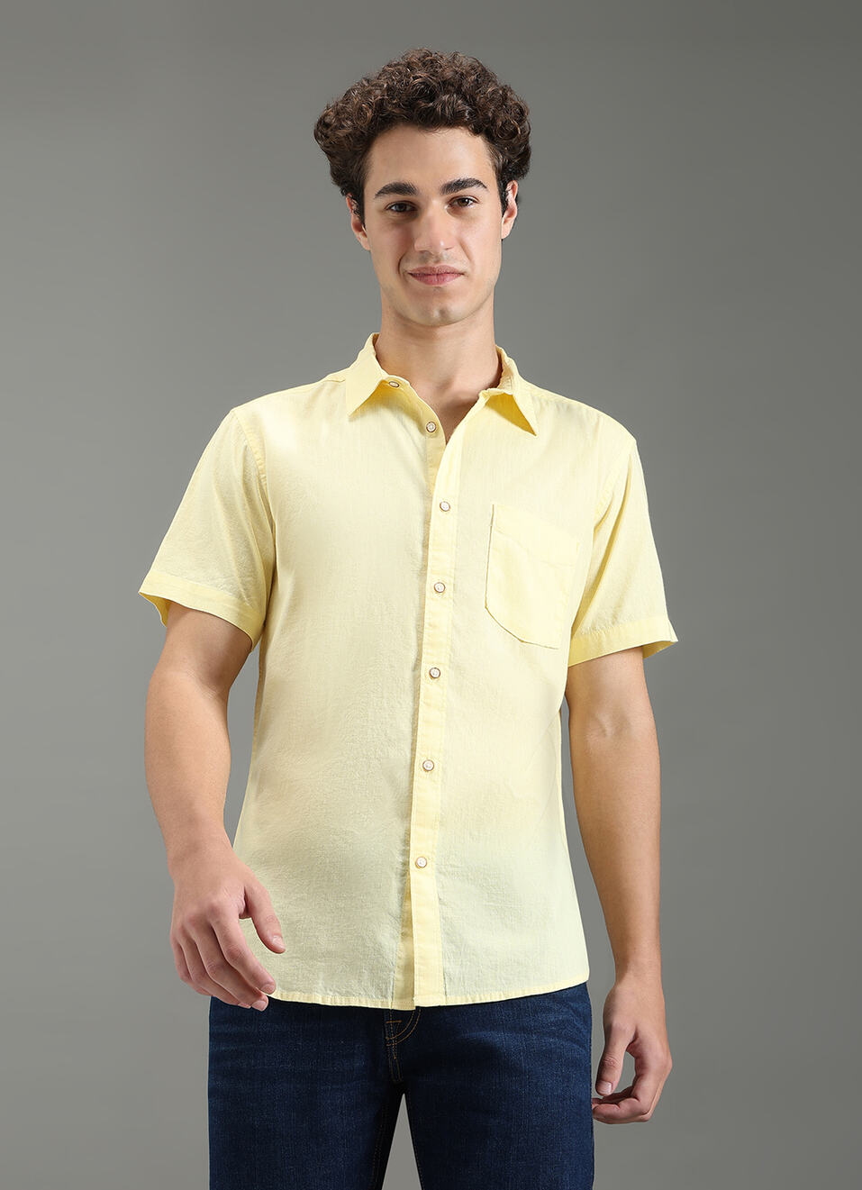 Men Yellow Solid Short Sleeve Shirt, , large image number 5