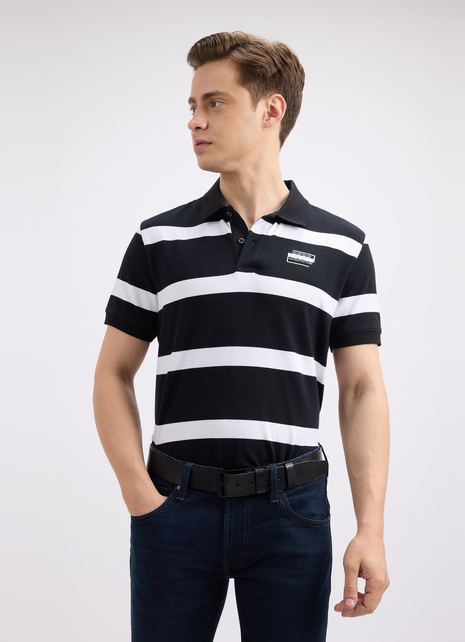 Men Black Stripe Short Sleeve Stretch Polo, , large image number 0