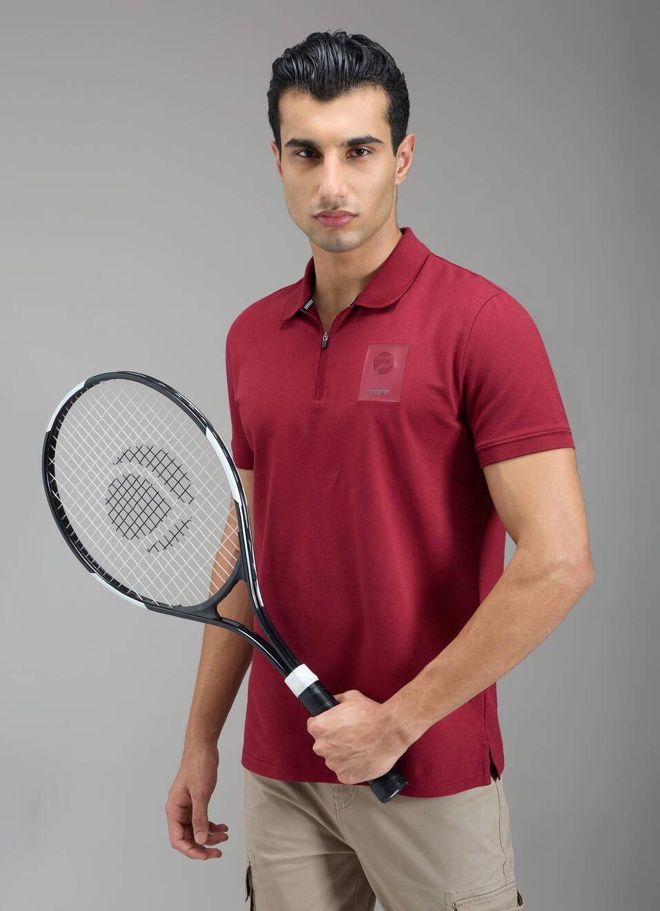 Men Red Solid Half Zip Short Sleeve Polo, , large image number 0