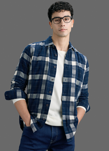 Men Navy Checked Dobby Long Sleeve Shirt