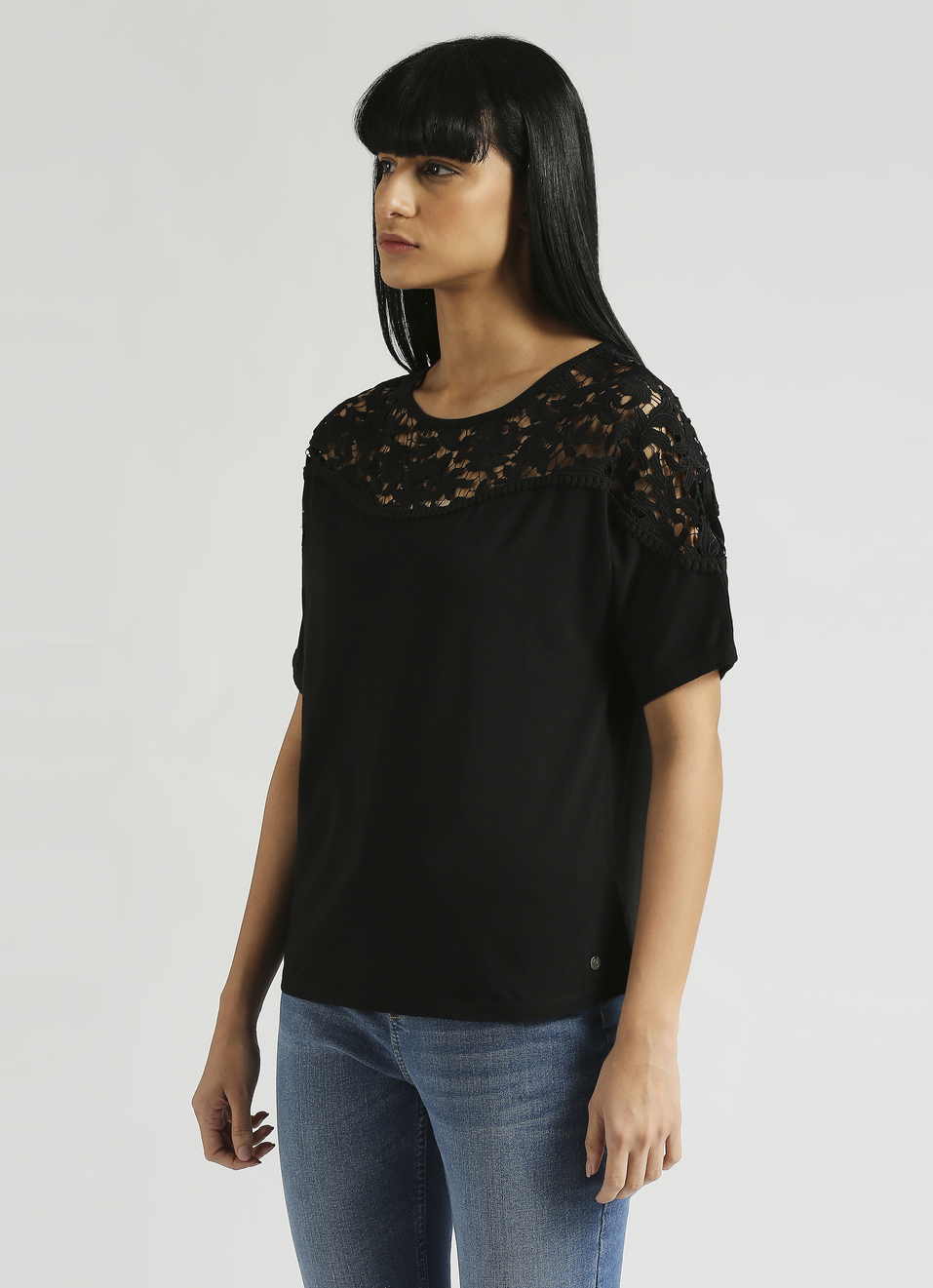 Black Lace Detail Extended Shoulder Top, , large image number 3