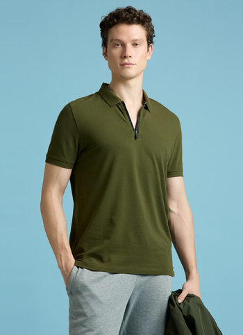 Olive Short Sleeves Zipper Stretch Polo