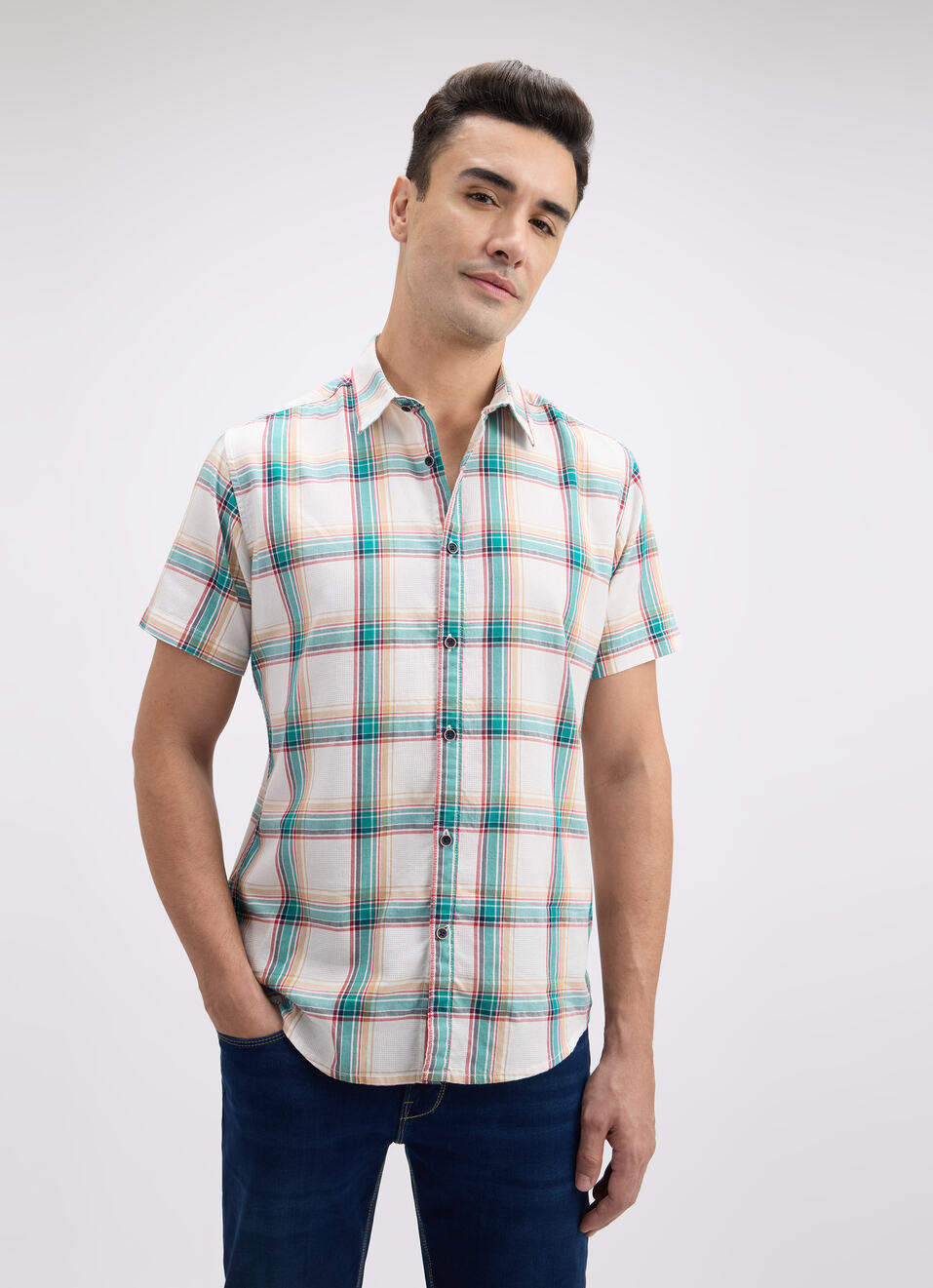 Men Green Check Short Sleeve Shirt, , large image number 1
