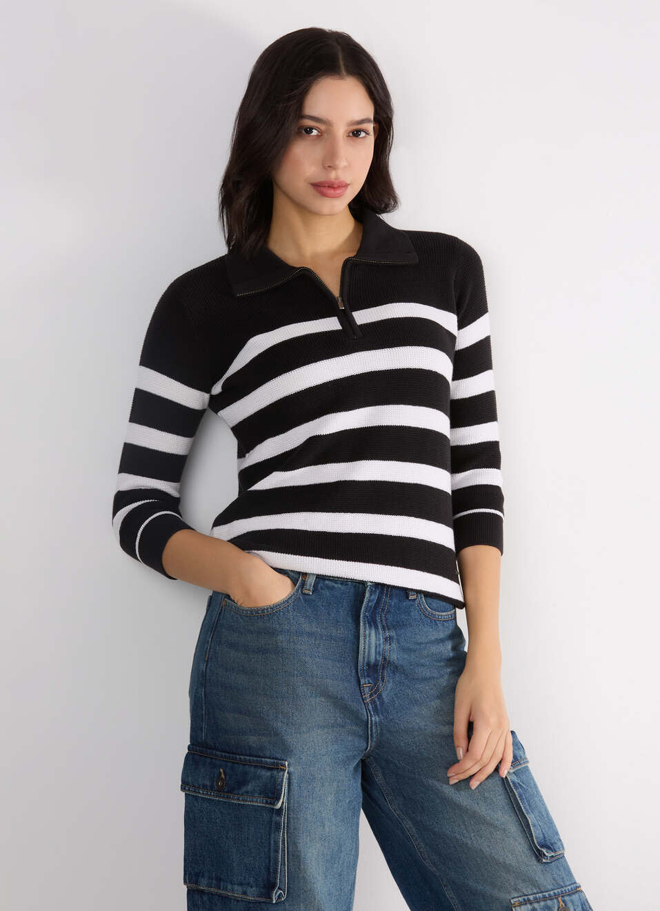 Women Black Horizontal Stripe Regular Polo Top With 3/4 Sleeve, , large image number 0