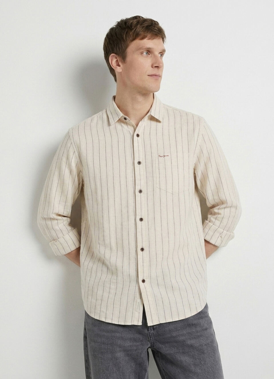 Men Beige Striped Dobby Long Sleeve Shirt, , large image number 1