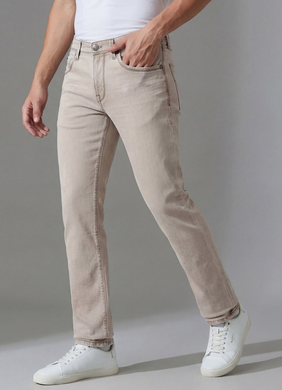 Men Beige Mid Rise Slim Fit Stretchable Jeans, , large image number 0