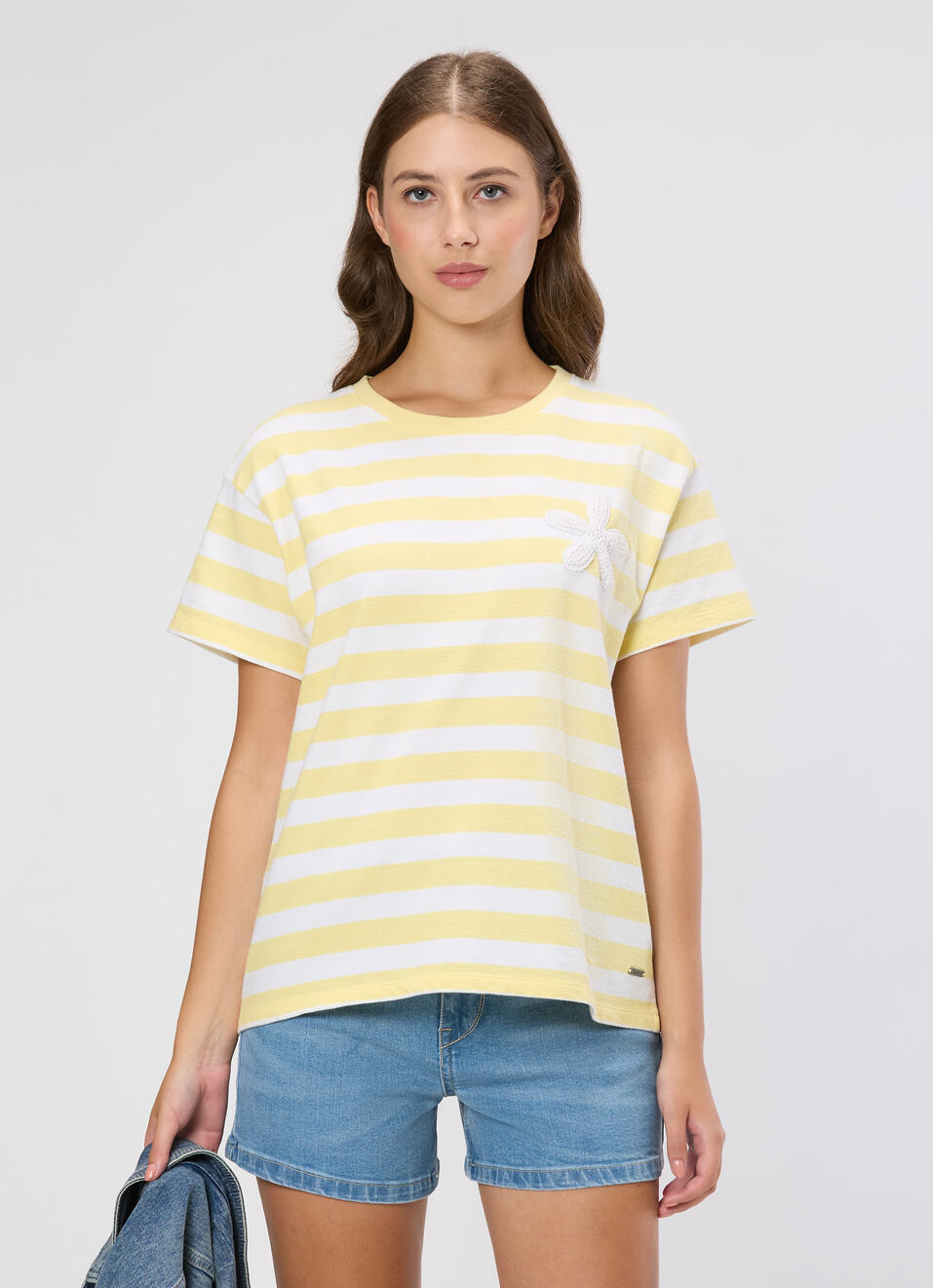 Women Yellow Striped Crochet Patch T-shirt, , large image number 0