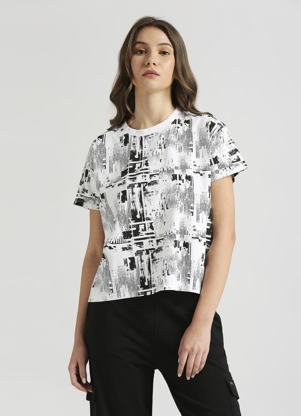 White Abstract Aop Print Short Sleeve T-shirt, , large image number 1
