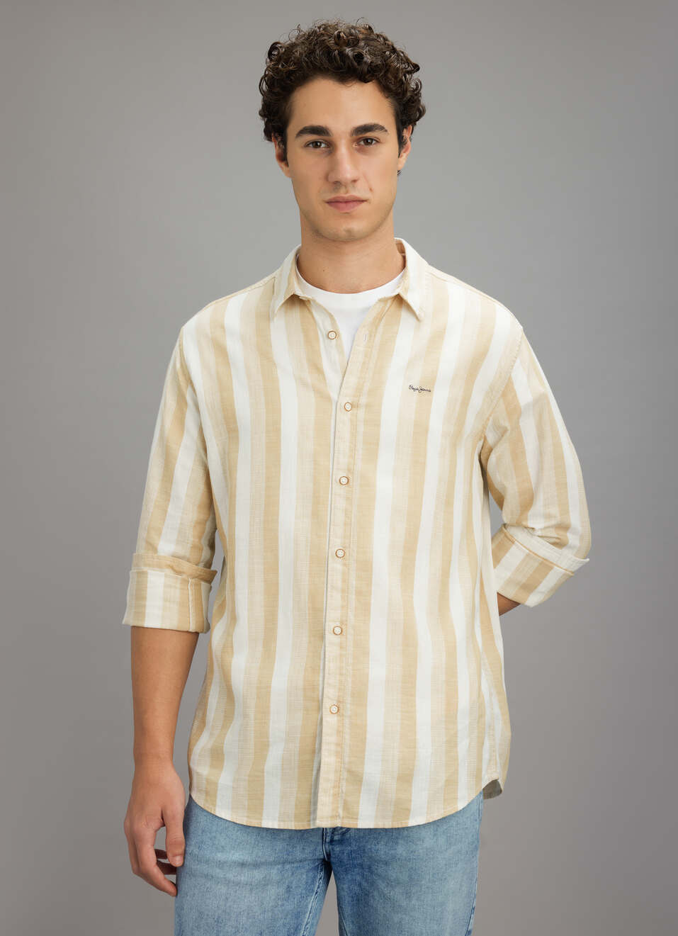 Men Beige Striped Shirt, , large image number 5