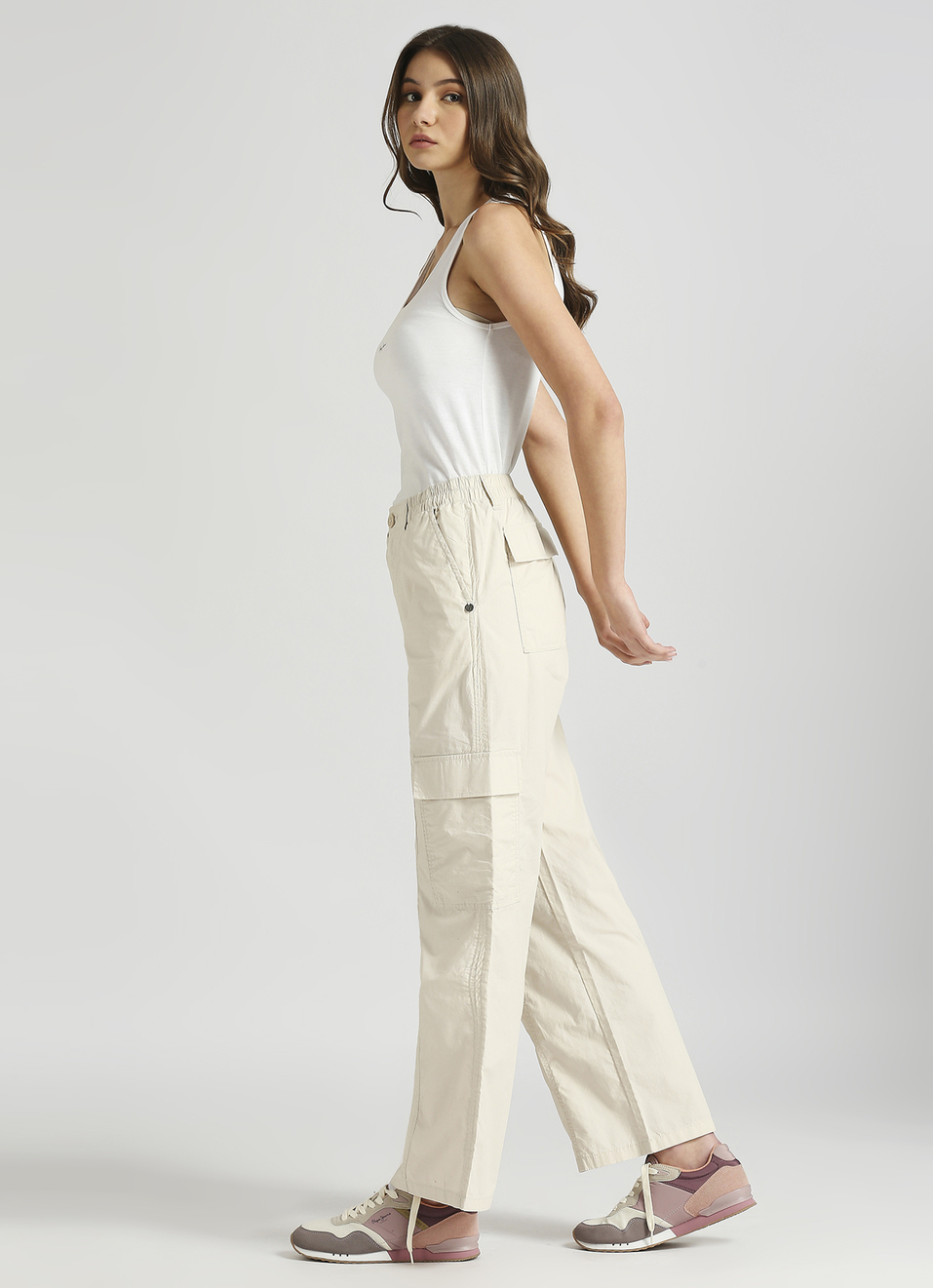 Ecru Mid Rise Parachute Cargo Pants , , large image number 5