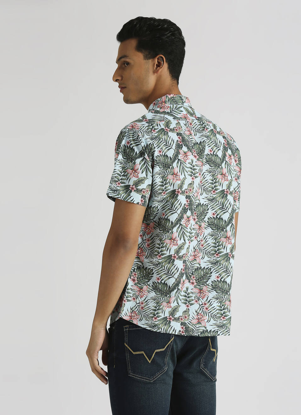 Blue Tropical Print Linen Short Sleeve Shirt, , large image number 2