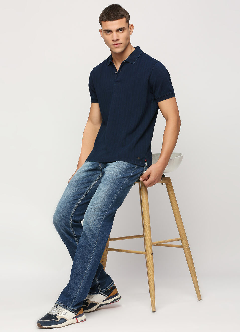 Blue Ribbed Neck Short Sleeve Polo, , large image number 5