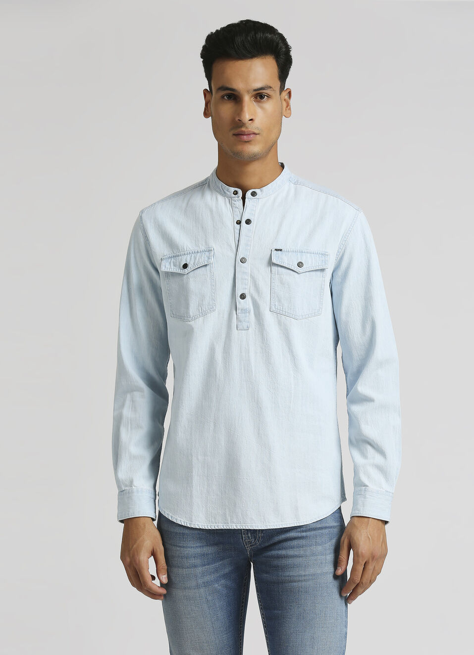 Ice Blue Mandarin Collar Kurta Placket Long Sleeve Shirt, , large image number 1