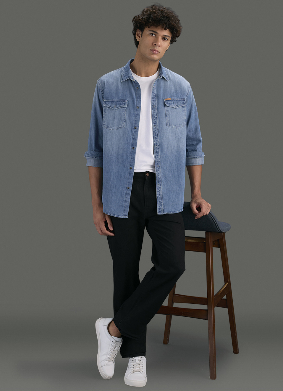 Men Blue Long Sleeve Denim Shirt, , large image number 2
