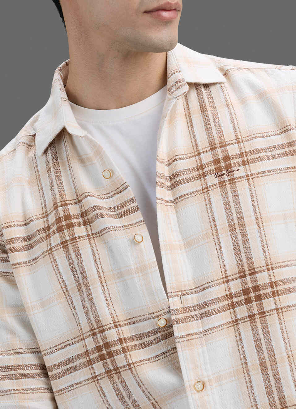 Men Beige Checked Dobby Long Sleeve Shirt, , large image number 1