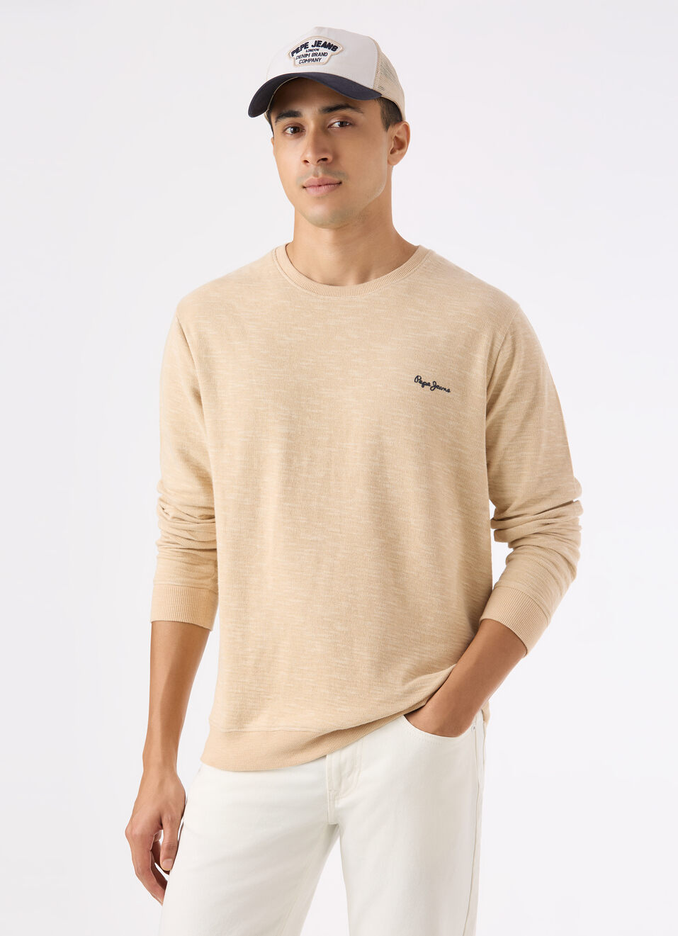 Men Ivory White Textured Crew Neck Sweatshirt, , large image number 0