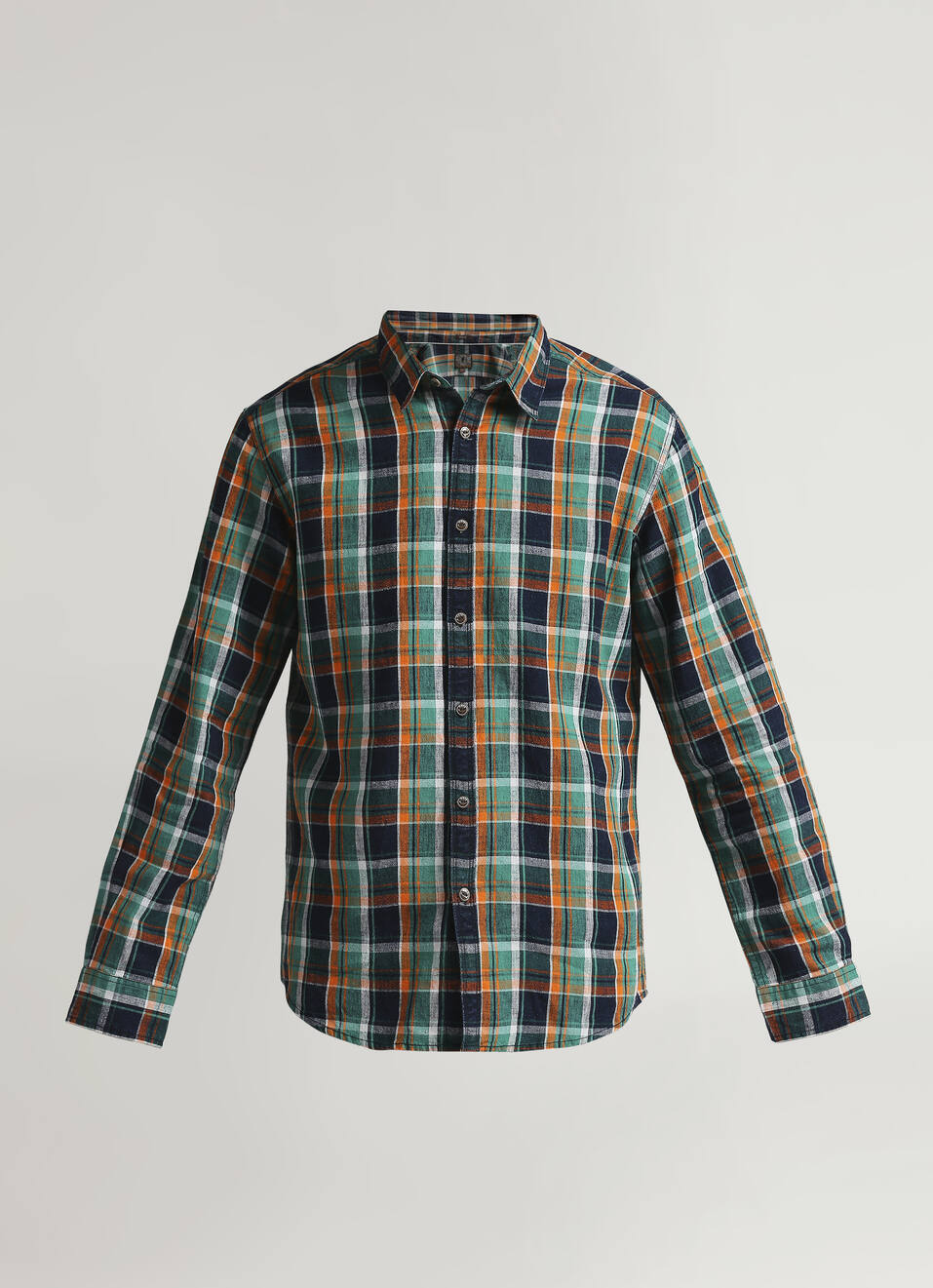 Yarn Dyed Indigo Checks Linen Long Sleeve Shirt, , large image number 6