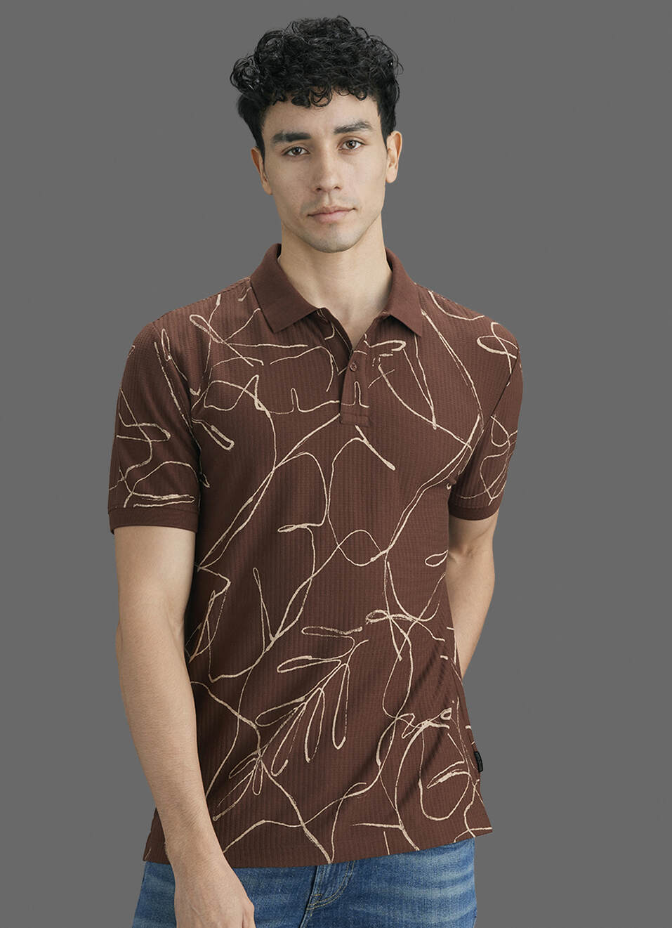Men Brown Printed Polo Collar T-shirt, , large image number 5