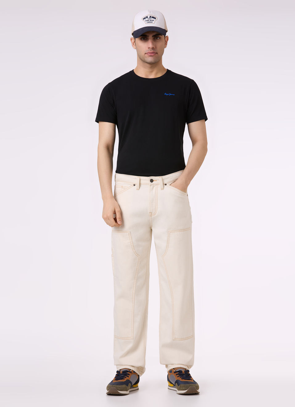 Men Ecru Baggy Fit Mid Rise Utility Jeans, , large image number 0