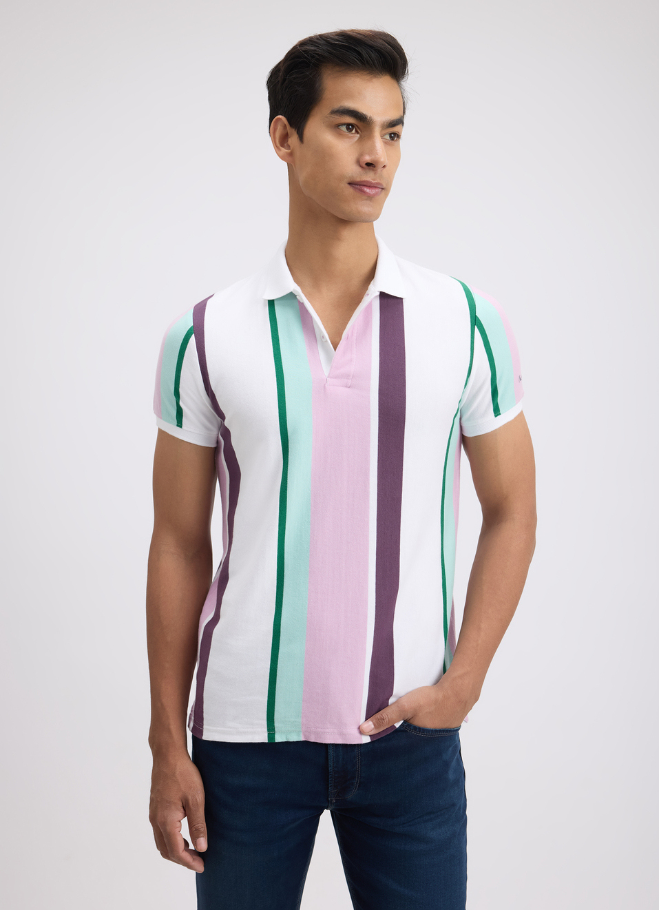 Men Purple Stripe Short Sleeve Polo, , large image number 1