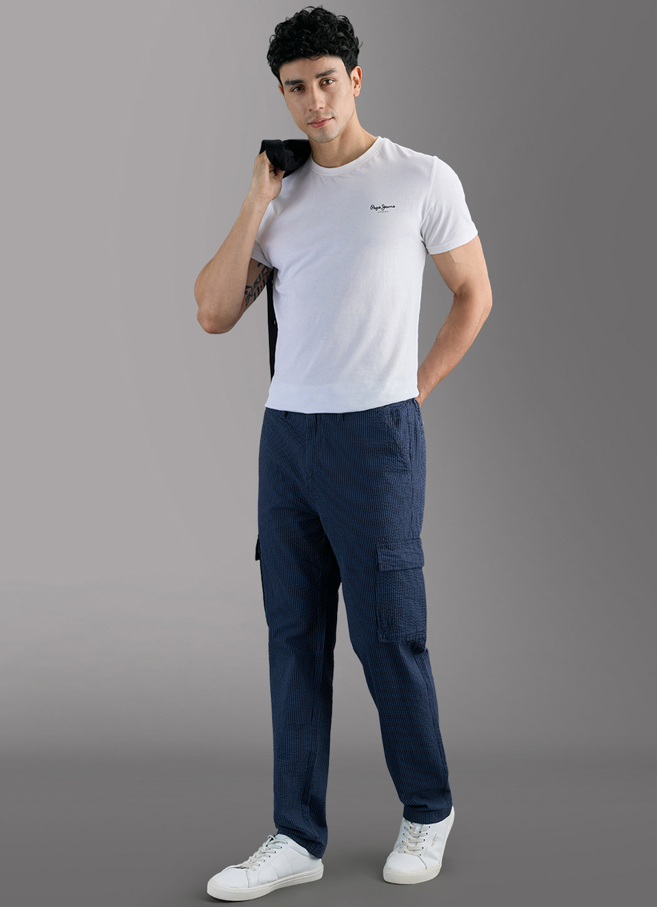 Men Navy Striped Mid Rise Cargo Pants, , large image number 1