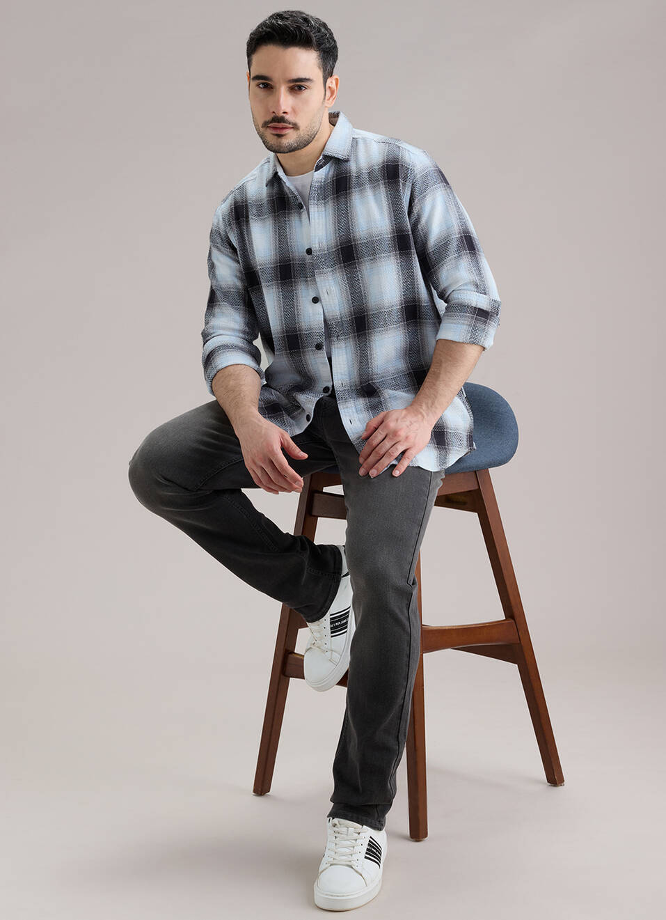 Men White Checked Dobby Long Sleeve Shirt, , large image number 5