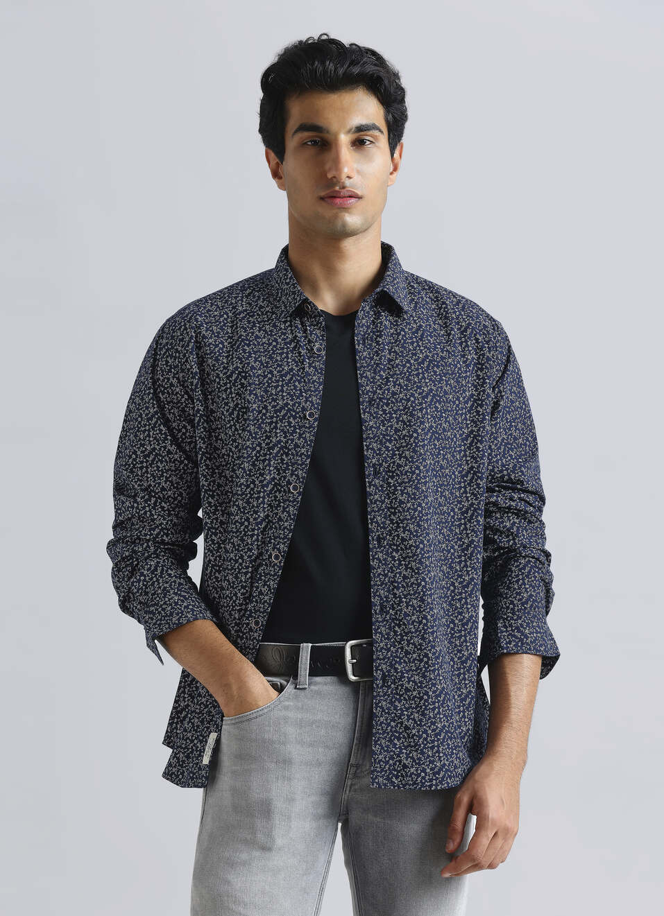 Navy Floral Full Sleeve Shirt, , large image number 0