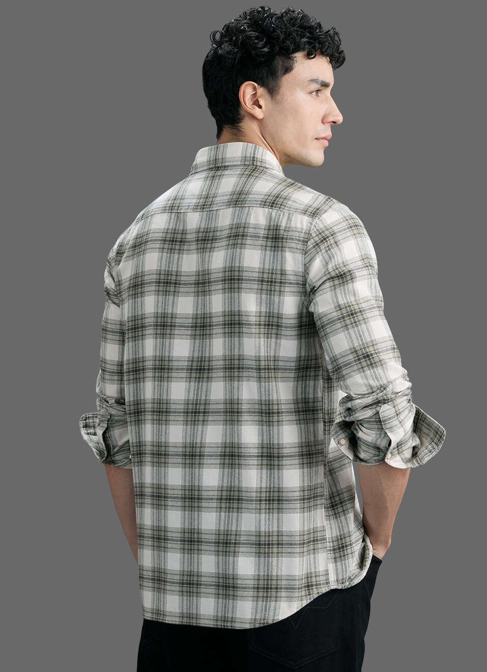 Men Olive Green Checked Brushed Twill Long Sleeve Shirt, , large image number 6