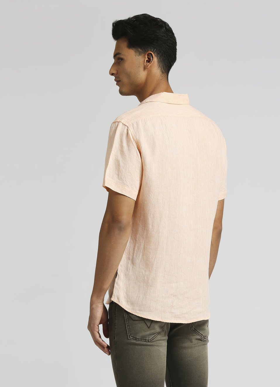 Peach Solid Single Pocket Chambray Linen Short Sleeve Shirt, , large image number 2
