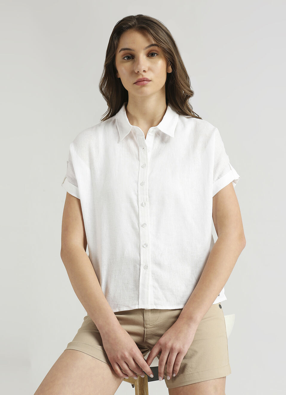 White Linen Epaulette Extended Sleeve Shirt, , large image number 0
