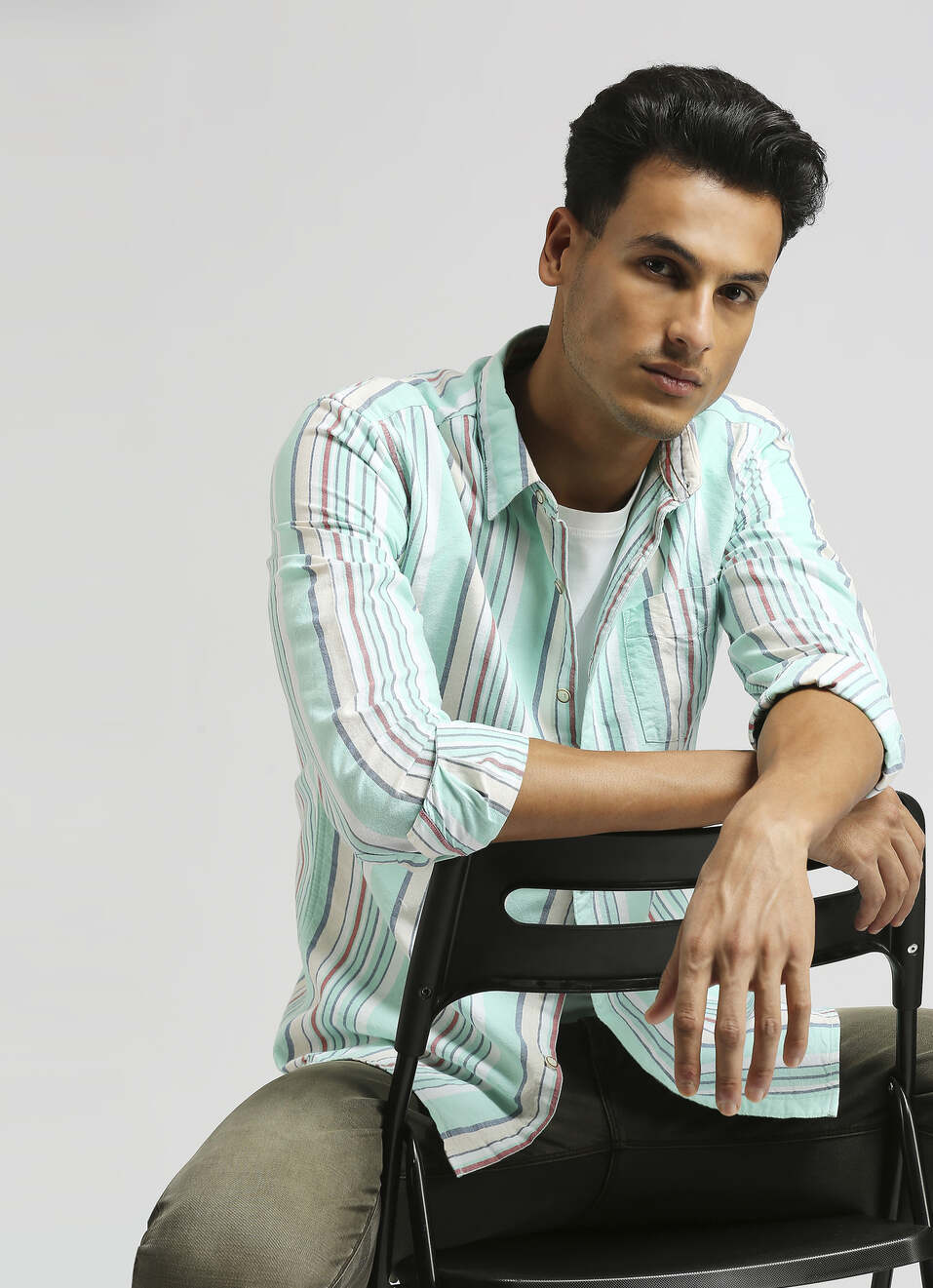 Aqua Stripes Textured Long Sleeve Shirt, , large image number 0